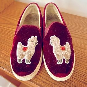 Soludos velvet slip-on’s with llama detail